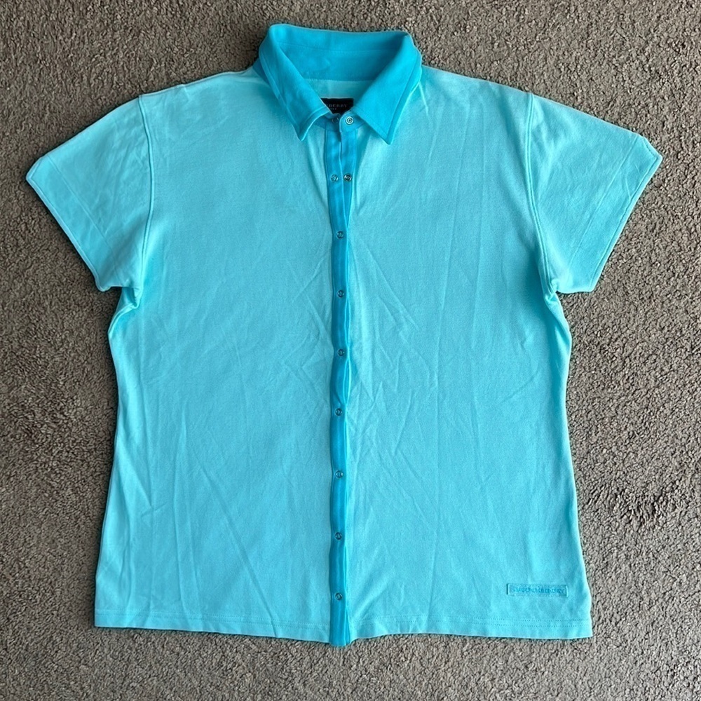 Burberry Y2K Light Blue Two Tone Golf Snap Button Short Sleeve Collared Shirt